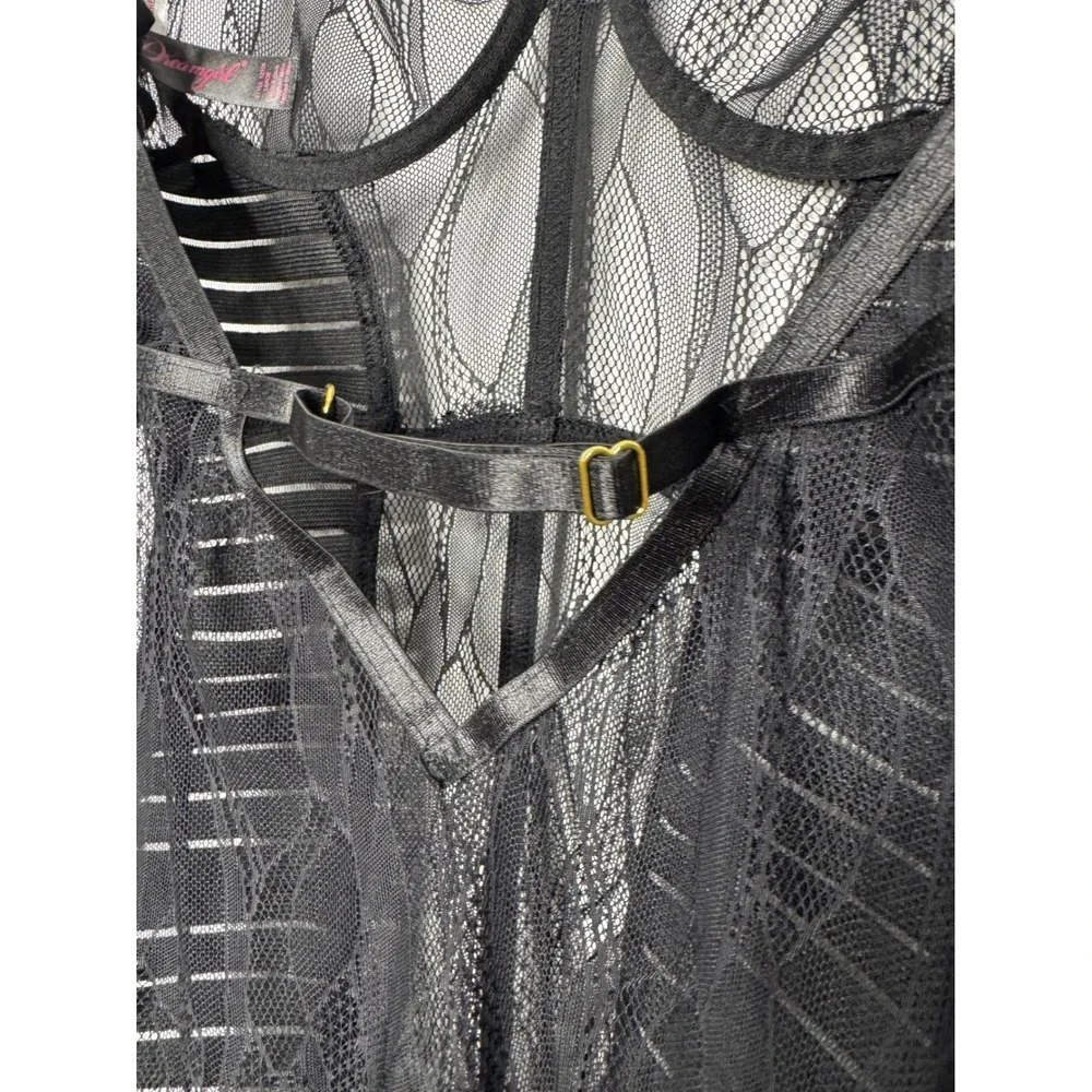 Dreamgirl Black Lace Mesh Underwire‎ Chemise Dress Garter Lingerie Womens Size L